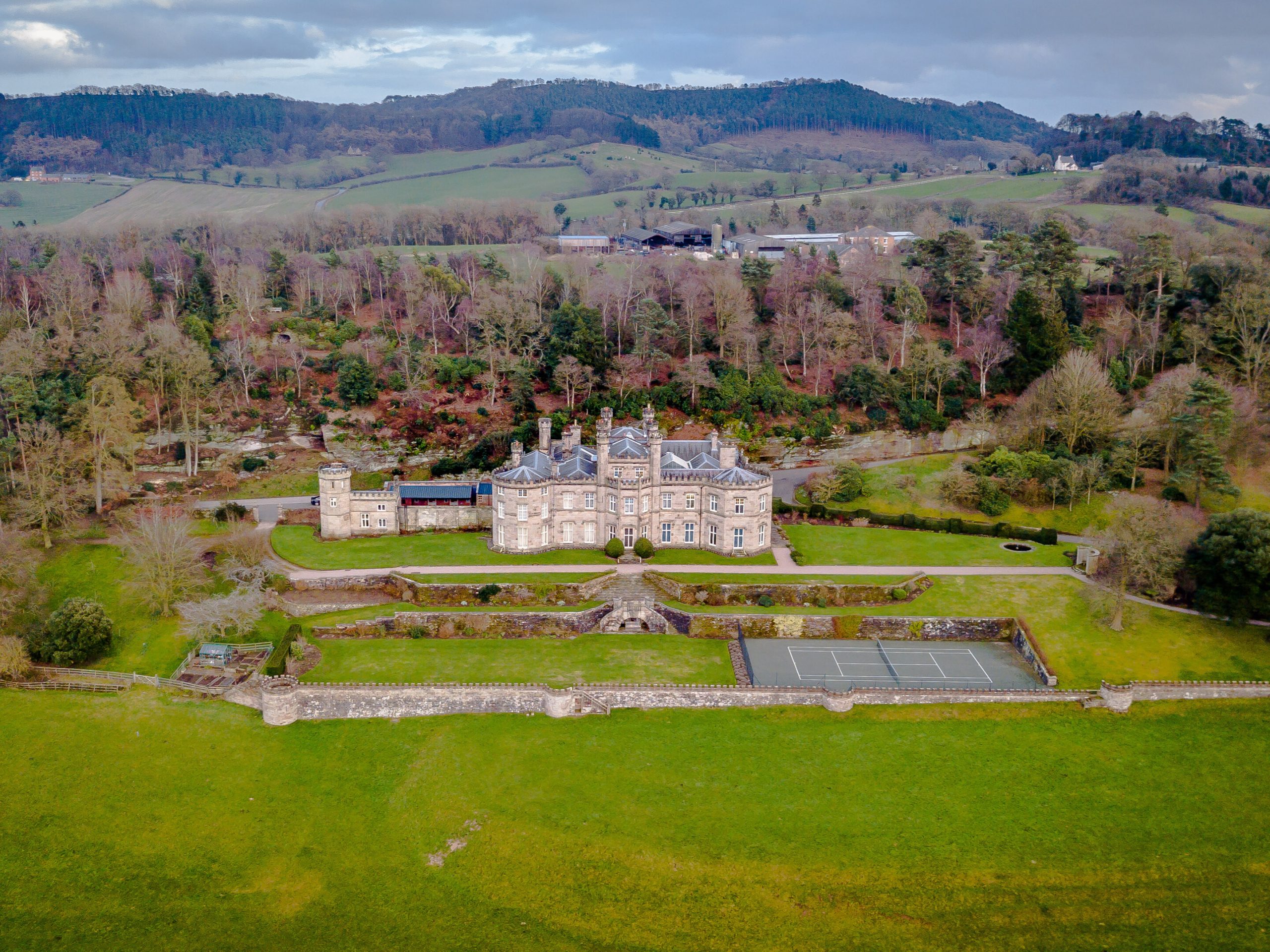 Aerial view of Bolesworth Estate building and the surrounding grounds