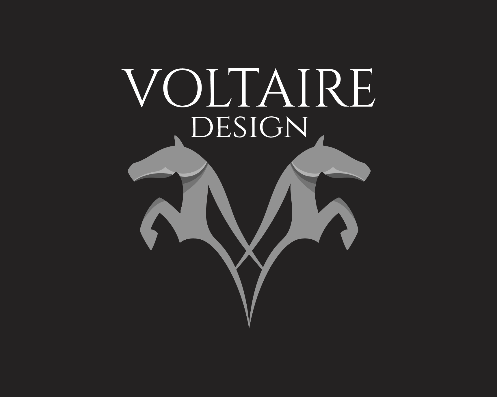 Voltaire Design logo featuring a stylized horse silhouette and elegant typography, symbolizing equestrian excellence.