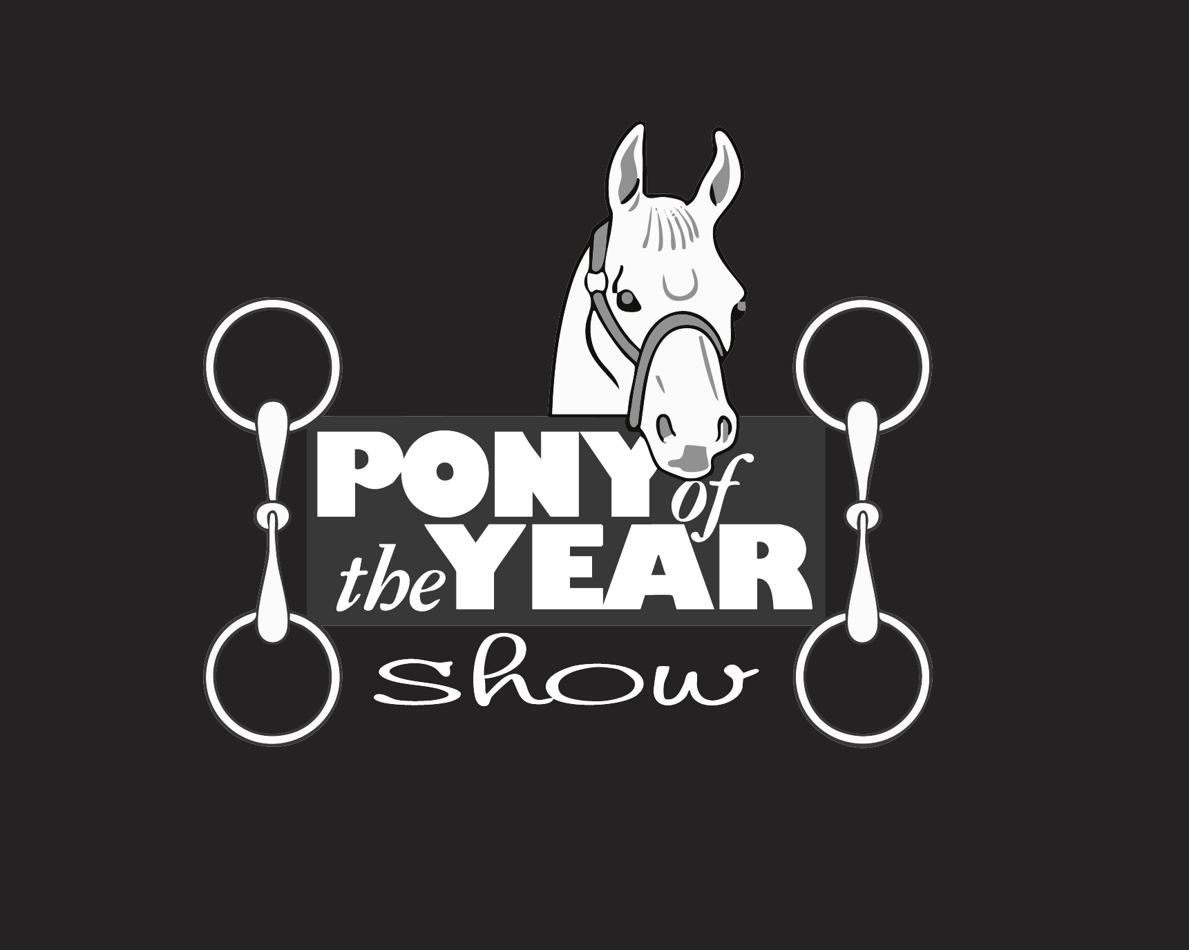 Pony of the Year Show logo featuring a stylized horse illustration, snaffle bits, and bold typography on a black background.